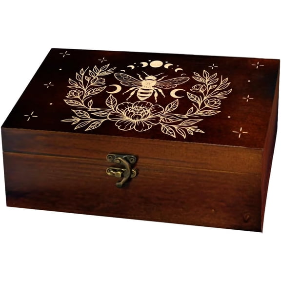 1 Pc Wooden Keepsake Storage Box Bee Flower Moon Phase Pattern Rectangle Pine Tarot Card Memory Box