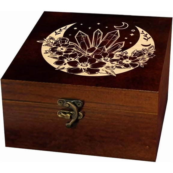 1 Pc Wooden Keepsake Storage Box Crescent Moon Star Flower Engraving Pattern Square Pine Tarot Card Box