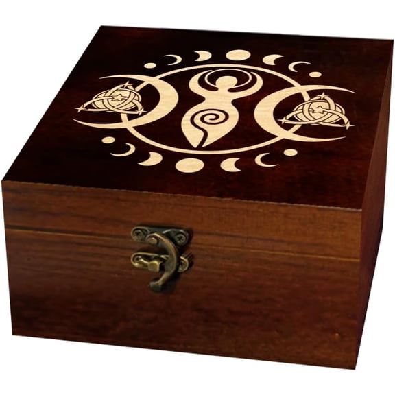 1 Pc Wooden Keepsake Storage Box Goddess Moon Phases Pattern Square Pine Tarot Card Memory Box