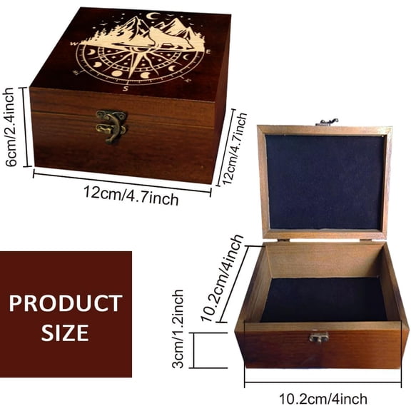 1 Pc Wooden Keepsake Storage Box Moon Compass Wolf mountain Range Forest Pattern Square Pine Tarot Card Box for Anniversary Jewelry Board Storage (4.72x4.72x2.37 Inch)
