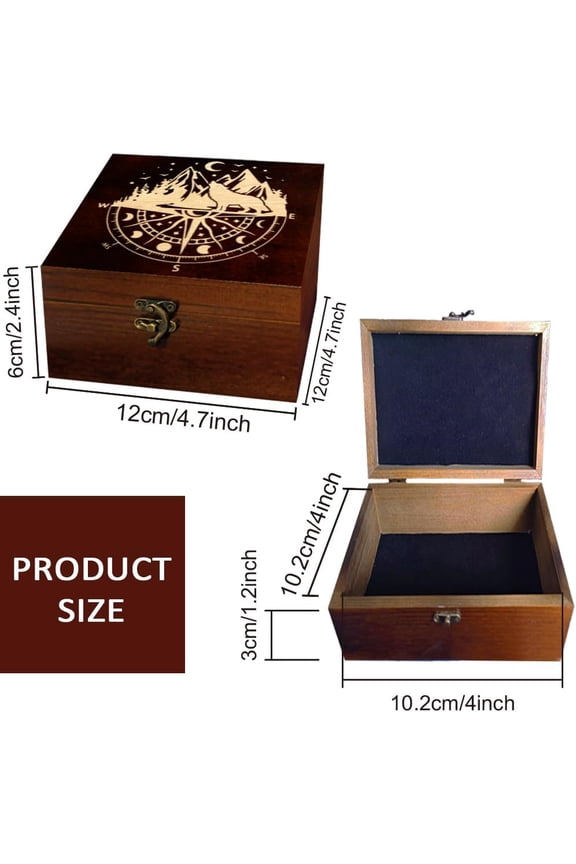 1 Pc Wooden Keepsake Storage Box Moon Compass Wolf mountain Range Forest Pattern Square Pine Tarot Card Box for Anniversary Jewelry Board Storage (4.72x4.72x2.37 Inch)