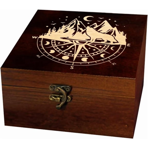 1 Pc Wooden Keepsake Storage Box Moon Compass Wolf mountain Range Forest Pattern Square Pine Tarot Card Box for Anniversary Jewelry Board Storage (4.72x4.72x2.37 Inch) Wood