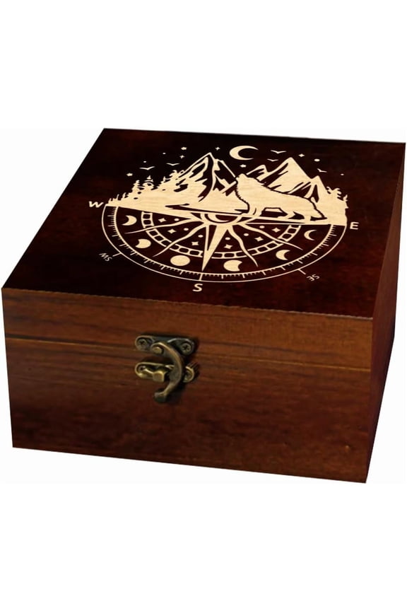 1 Pc Wooden Keepsake Storage Box Moon Compass Wolf mountain Range Forest Pattern Square Pine Tarot Card Box for Anniversary Jewelry Board Storage (4.72x4.72x2.37 Inch) Wood