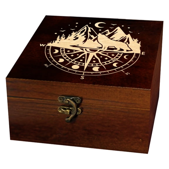 1 Pc Wooden Keepsake Storage Box Moon Compass Wolf mountain Range Forest Pattern Square Pine Tarot Card Box