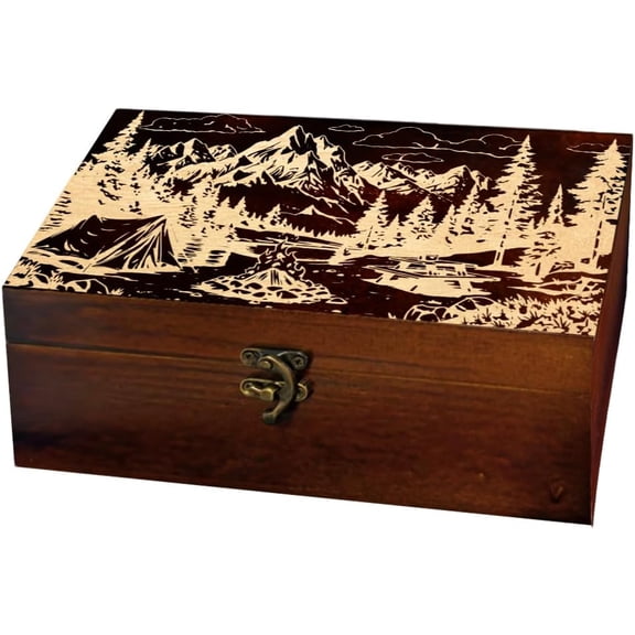 1 Pc Wooden Keepsake Storage Box Mountain Camping Tents Forests Pattern Rectangle Pine Tarot Card Memory Box