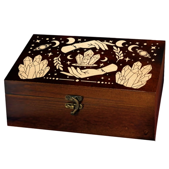 1 Pc Wooden Keepsake Storage Box Mysterious Hands Lunar ase Engraved Pattern Square Pine Tarot Box