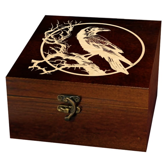 1 Pc Wooden Keepsake Storage Box Raven Branch Full Moon Pattern Square Pine Tarot Card Memory Box