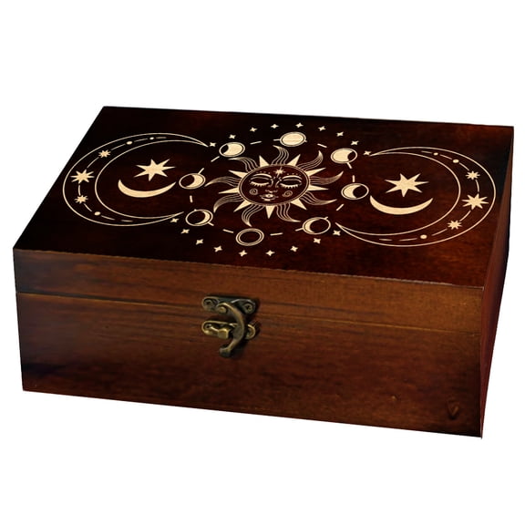 1 Pc Wooden Memorial Storage Box Sun Moon Phase Carved Pattern Rectangle Pine Tarot Box for Anniversary Jewelry Ouija Board Storage