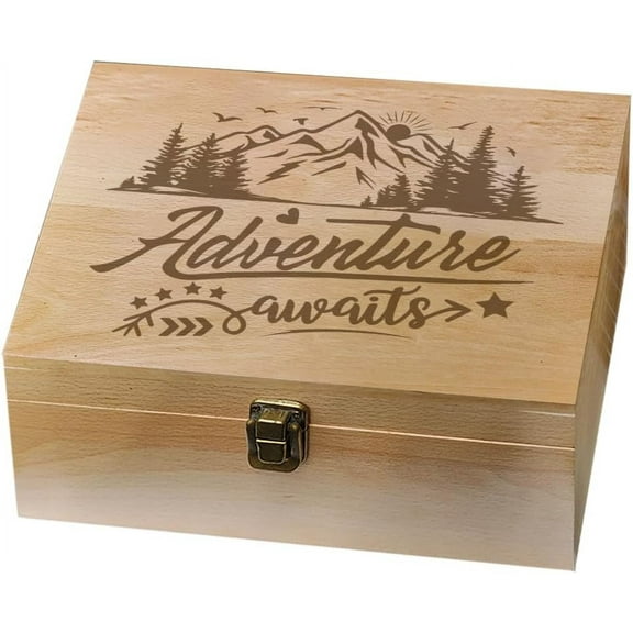 1 Pc Wooden Memory Keepsake Box Adventure Awaits Memory Box with Hinged Lids Keepsake Chest for Souvenirs Picture Letter Storage 9.6x7.6x4inch(24.5x19.5x10.3cm)