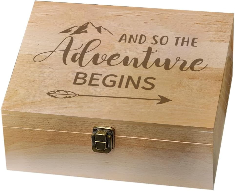 1 Pc Wooden Memory Keepsake Box Adventure Theme Memory Box with Hinged Lids Keepsake Chest for Souvenirs Picture Letter Storage 9.6x7.6x4inch(24.5x19.5x10.3cm)