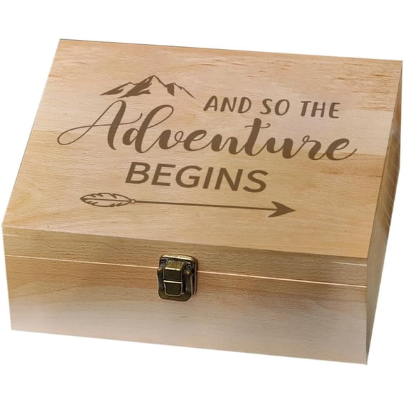 1 Pc Wooden Memory Keepsake Box Adventure Theme Memory Box with Hinged Lids Keepsake Chest for Souvenirs Picture Letter Storage 9.6x7.6x4inch(24.5x19.5x10.3cm)