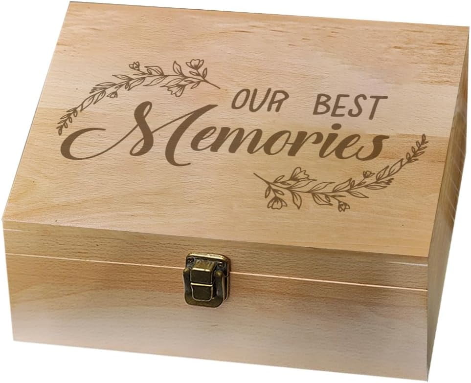 1 Pc Wooden Memory Keepsake Box Our Best Memories Box with Hinged Lids Keepsake Chest for Souvenirs Picture Letter Storage Gifts for Best Friends Lover on Birthdays Valentine's Day