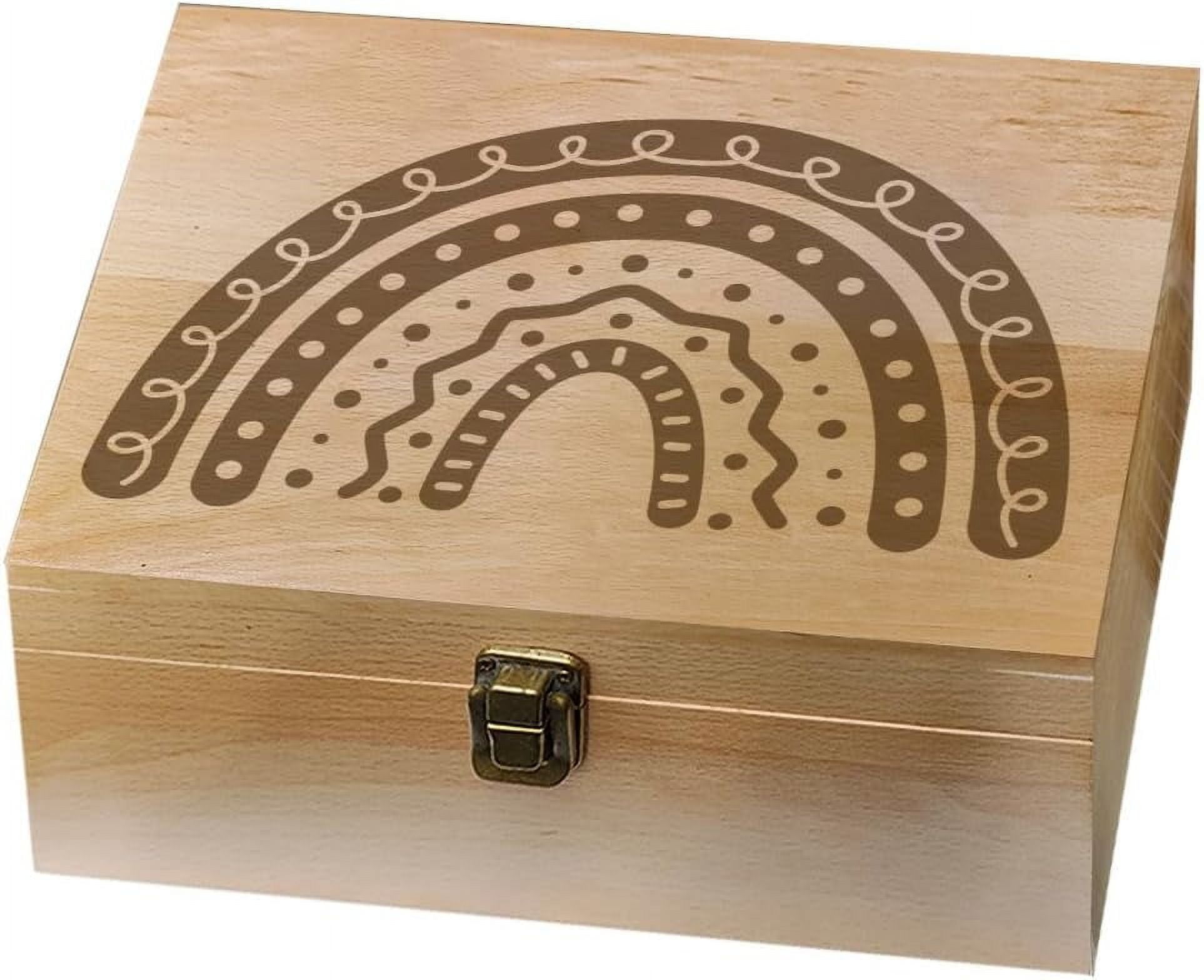 1 Pc Wooden Memory Keepsake Box Boho Rainbow Pattern Box with Hinged Lids Keepsake Chest for Souvenirs Picture Letter Storage 9.6x7.6x4inch(24.5x19.5x10.3cm)