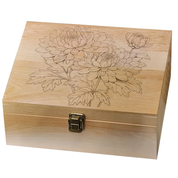 1 Pc Wooden Memory Keepsake Box Chrysanthemum Pattern Decorative Wooden Memory Box with Hinge Lids 24.5x19.5x10.3cm