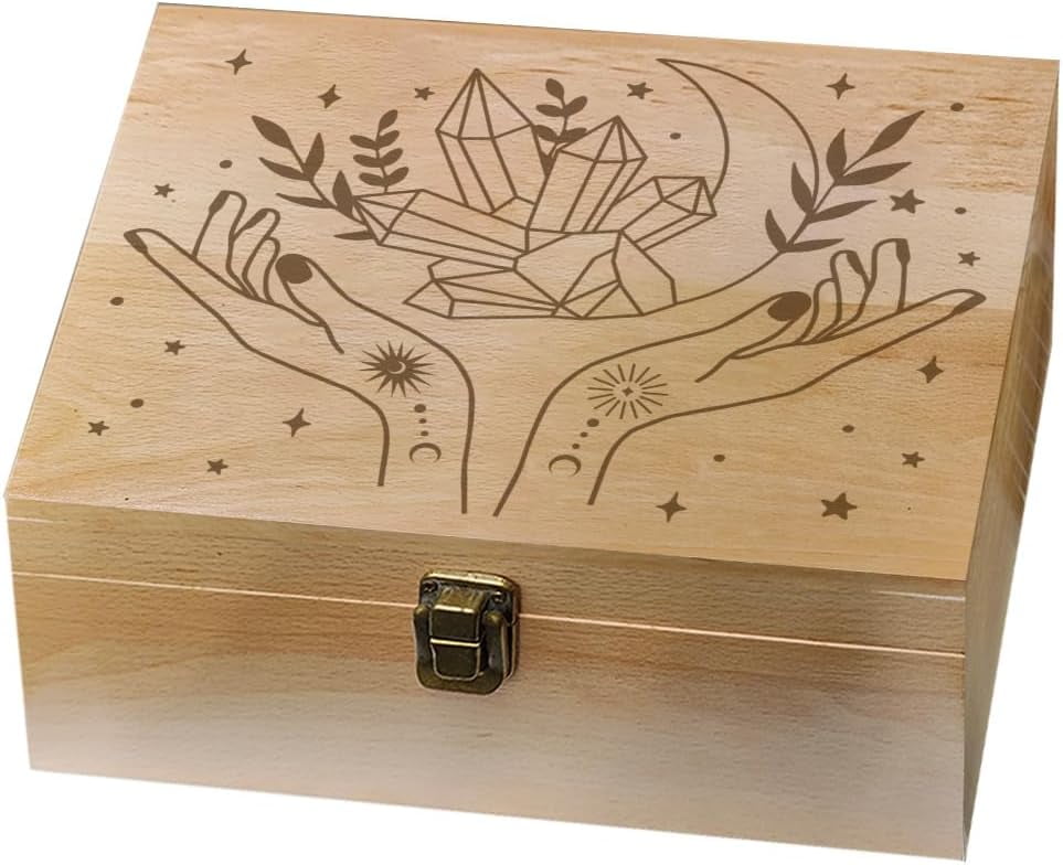 1 Pc Wooden Memory Keepsake Box Crystal and Witchy Hand Pattern Box with Hinged Lids Keepsake Chest for Souvenirs Picture Letter Storage 9.6x7.6x4inch(24.5x19.5x10.3cm)