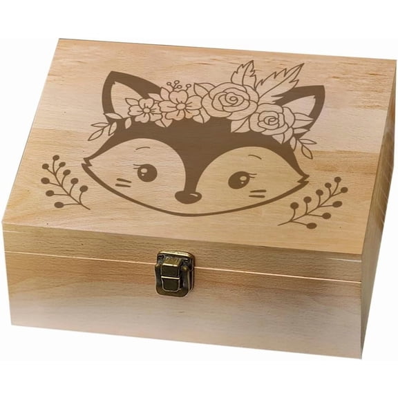 1 Pc Wooden Memory Keepsake Box Decorative Boxes Boho Fox Memory Box with Hinged Lids Animal Keepsake Chest for Picture Letter Graduation Birthday Anniversary Storage 9.6x7.6x4inch BurlyWood