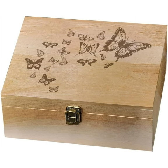 1 Pc Wooden Memory Keepsake Box Fluttering Butterflies Memory Box with Hinged Lids Keepsake Chest for Souvenirs Picture Letter Storage 9.6x7.6x4inch(24.5x19.5x10.3cm)