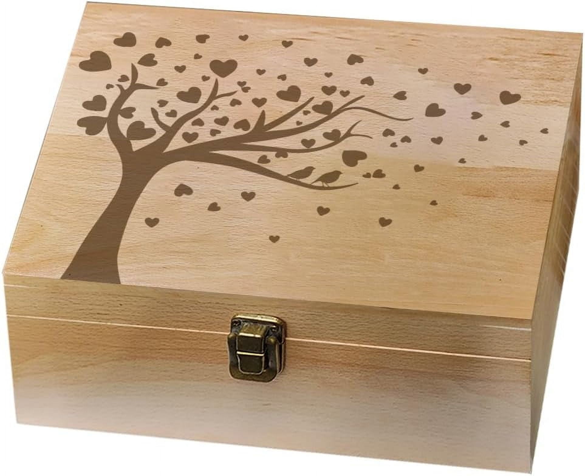 1 Pc Wooden Memory Keepsake Box Heart Tree Bird Box with Hinged Lid Love Theme Decorative Storage Box Stash Box for Photos Letters Anniversary Wedding Valentine's Day7.6x9.6x4inch
