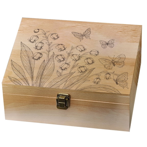 1 Pc Wooden Memory Keepsake Box Lily of the Valley Butterflies Pattern Decorative Wooden Memory Box with Hinge Lids