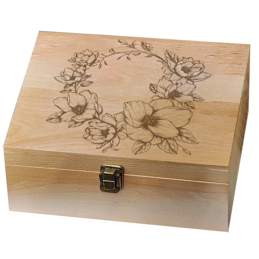 1 Pc Wooden Memory Keepsake Box Magnolias Wreath Pattern Decorative Wooden Memory Box with Hinge Lids for Anniversary Photos DVDs Letters Jewelry