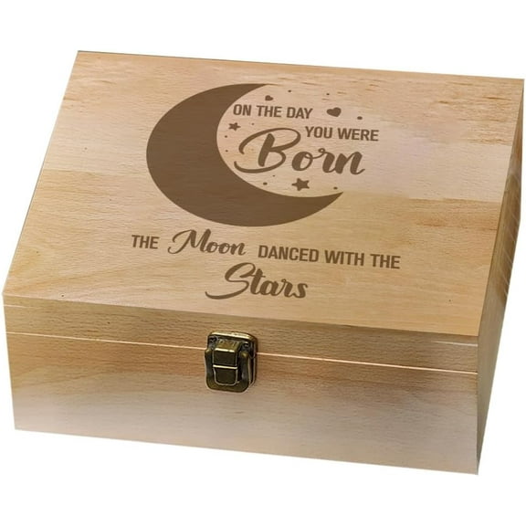 1 Pc Wooden Memory Keepsake Box Moon Pattern Souvenir Box with Hinged Lids for Newborn Girls Boys Storage Box Keepsake to Store Photos Letters and Valuables 9.6x7.6x4inch Mixed Color