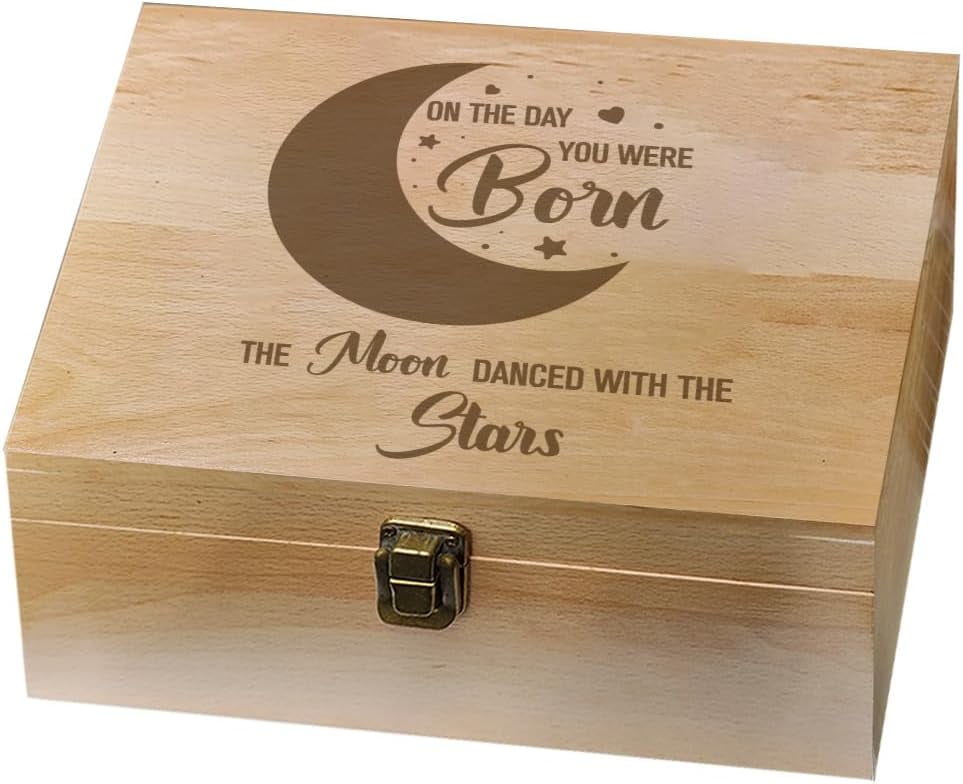 1 Pc Wooden Memory Keepsake Box Moon Pattern Souvenir Box with Hinged Lids for Newborn Storage Box Keepsake to Store Photos Letters and Valuables 9.6x7.6x4inch