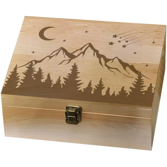 1 Pc Wooden Memory Keepsake Box Mountains Forests Moon Stars Box with Hinged Lid Nature Theme Decorative Storage Box Stash Box