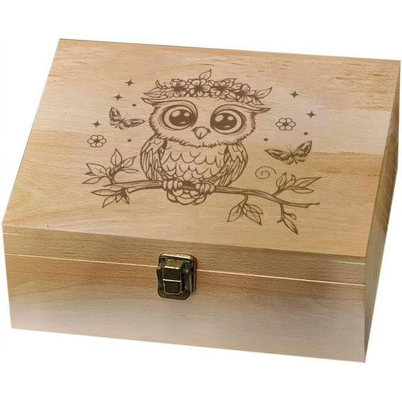 1 Pc Wooden Memory Keepsake Box Owl Pattern Memory Box with Hinged Lids Animal Theme Keepsake Chest for Souvenirs Picture Letter Storage 9.6x7.6x4inch