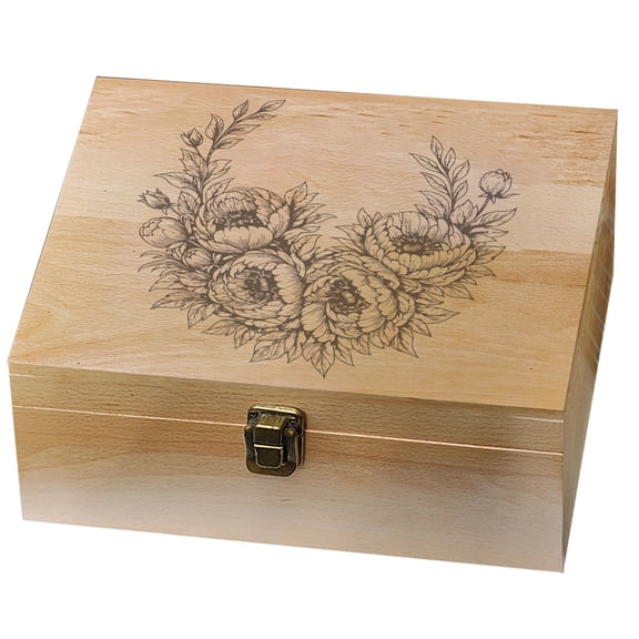 1 Pc Wooden Memory Keepsake Box Peony Clusters Semicircle Pattern Decorative Wooden Memory Box with Hinge Lids 24.5x19.5x10.3cm