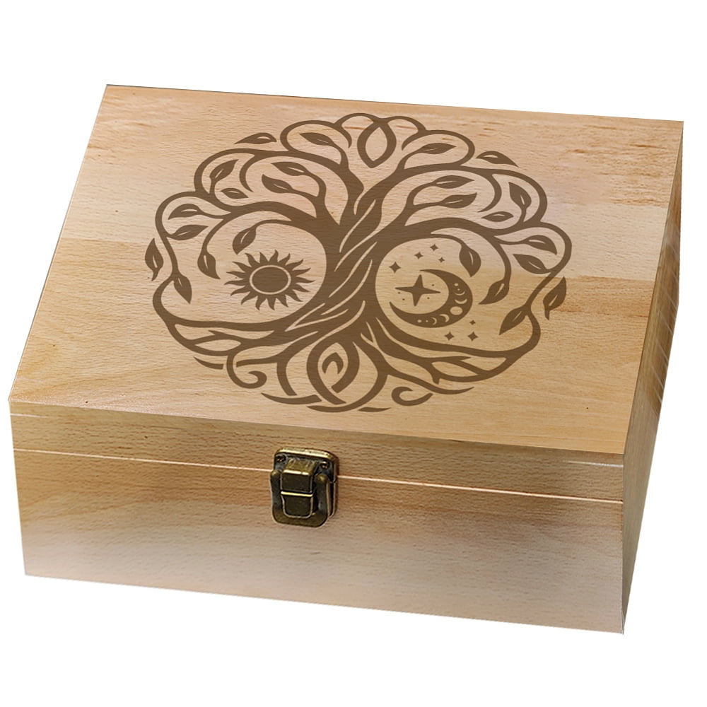 1 Pc Wooden Memory Keepsake Box Sun Moon Tree Pattern Storage Decorative Memory Wooden Box with Hinge Lids for Photos DVDs Letters Holding 24.5x19.5x10.3cm DIY