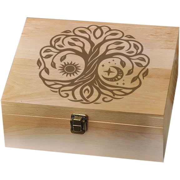 1 Pc Wooden Memory Keepsake Box Sun Moon Tree Pattern Storage Decorative Memory Wooden Box with Hinge Lids for Photos DVDs Letters Holding 24.5x19.5x10.3cm