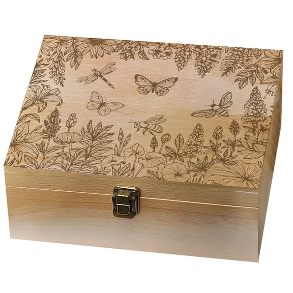 1 Pc Wooden Memory Keepsake Box Wildflowers with Butterflies Bees Decorative Wooden Memory Box with Hinge Lids