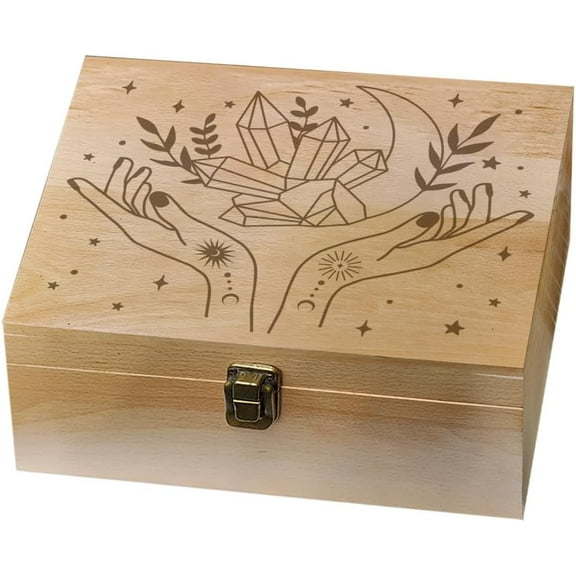 1 Pc Wooden Memory Keepsake Box and Witchy Hand Pattern Box with Hinged Lids Keepsake Chest for Souvenirs Picture Letter Storage 9.6x7.6x4inch(24.5x19.5x10.3cm) colorful
