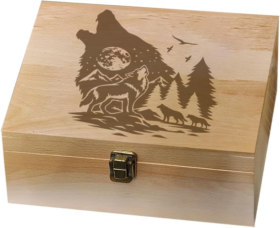 1 Pc Wooden Memory Keepsake Box Wolf Howling Moon Pine Forest Flying Birds Pattern Storage Decorative Memory Wooden Box with Hinge Lids for Photos DVDs Letters Holding 24.5x19.5x10.3cm
