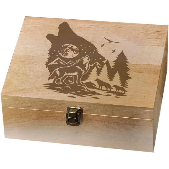 1 Pc Wooden Memory Keepsake Box Wolf Howling Moon Pine Forest Flying Birds Pattern Storage Decorative Memory Wooden Box with Hinge Lids for Photos DVDs Letters Holding 24.5x19.5x10.3cm