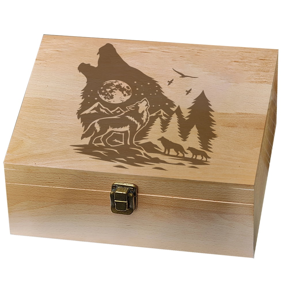 1 Pc Wooden Memory Keepsake Box Wolf Howling Moon Pine Forest Flying Birds Pattern Storage Decorative Memory Wooden Box with Hinge Lids for Photos DVDs Letters Holding 24.5x19.5x10.3cm DIY