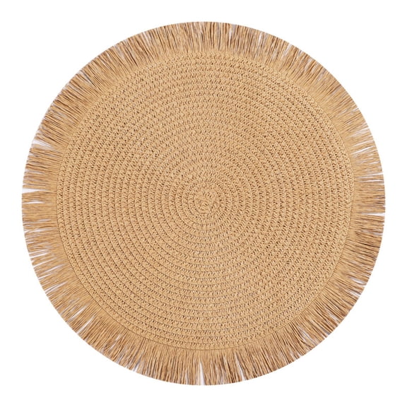 1 Pc Woven Placemat Collection Round Round Paper Placemats Rustic Woven Fade-Safe Tablemats, Braided Placemats Washable Round Table Mats for Home Cafe Events, 14.96"x14.96", Brown