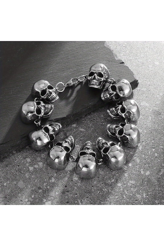 1 Pc creative new titanium steel Skull bracelet men's retro personality punk bracelet,Silvery