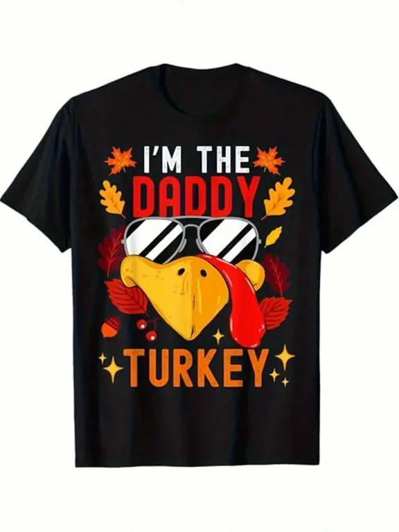 1 Pcs, 100% Cotton, I'm Dad Turkey Matching Family Graphic Monogrammed T-Shirt, Seasonal Casual New Wave Men's T-Shirt, Crew Neck High Street Cotton Short Sleeve T-Shirt, Thanksgiv