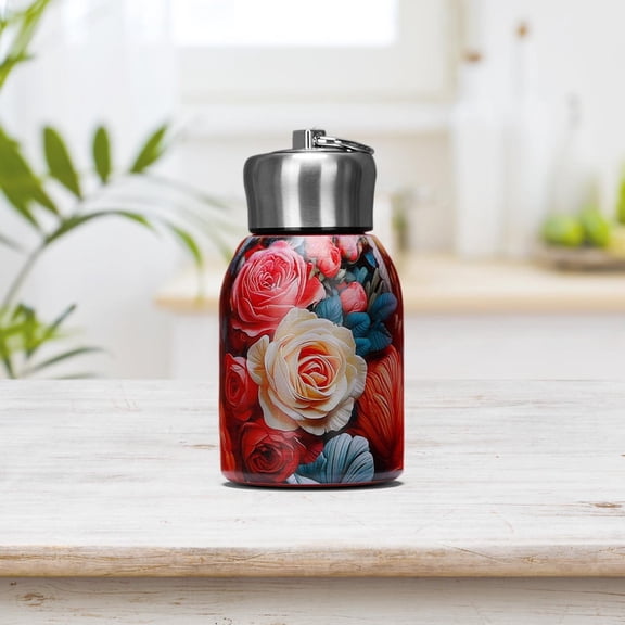 1 Pcs 10oz Mini Water Bottles Stainless Steel Slim Insulated Thermal for Hot Cold Drink Thermal Small Vacuum Portable Water Bottle for Women Gifts Travel Camping Hiking (Pattern: Red flowers)