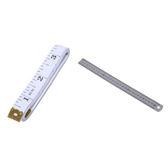 1 Pcs 150 Cm Soft Plastic Ruler Tailor Sewing Cloth Measure Tape & 1 Pcs Stainless Steel Ruler Measure Metric Function,1 x Tape Measure 1 x stainless steel ruler,white & silver