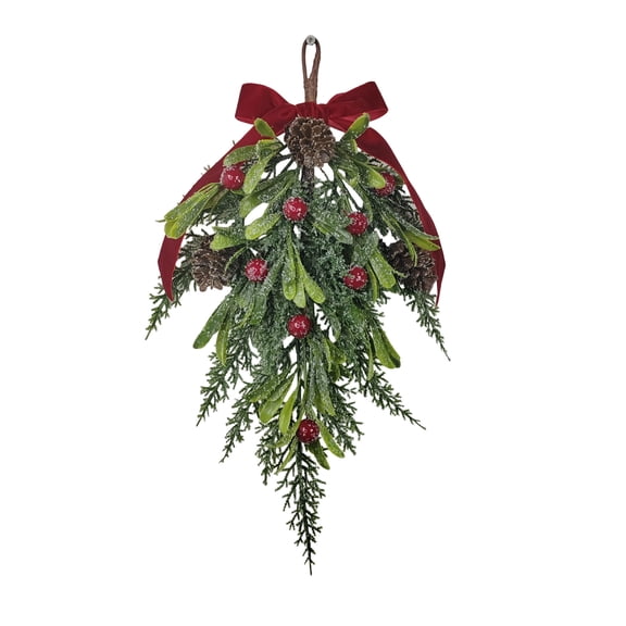 1 Pcs 16Inch Large Christmas Mistletoe Picks Decor Artificial Mistletoe Kissing Ball Decoration Xmas Hanging Bunch Ornament with Red Velvet Bow Red Berries Pine Cones for Home Door Decor