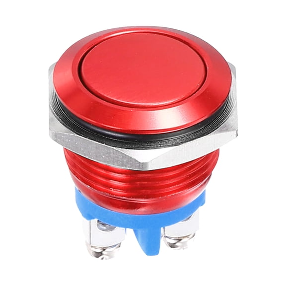 1 Pcs 16mm Push Button Switch, IP66 1NO 0-250V 5A Momentary Latching Push Button Starter Light on Off Switch Self-locking, Aluminum Alloy Flat Head Red