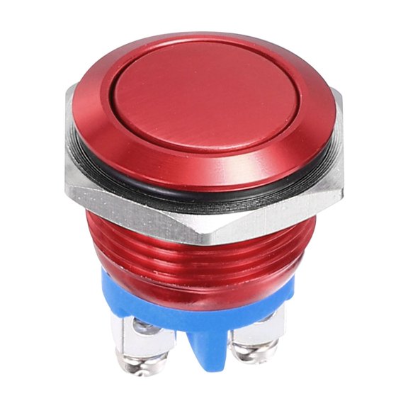 1 Pcs 16mm Push Button Switch, IP66 1NO 0-250V 5A Momentary Latching Push Button Starter Light on Off Switch Self-reset, Aluminum Alloy Flat Head Red