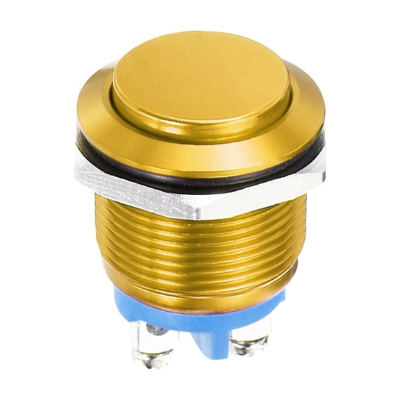 1 Pcs 19mm Push Button Switch, IP66 1NO 0-250V 5A Momentary Latching Push Button Starter Light on Off Switch Self-reset, Aluminum Alloy High Head Gold