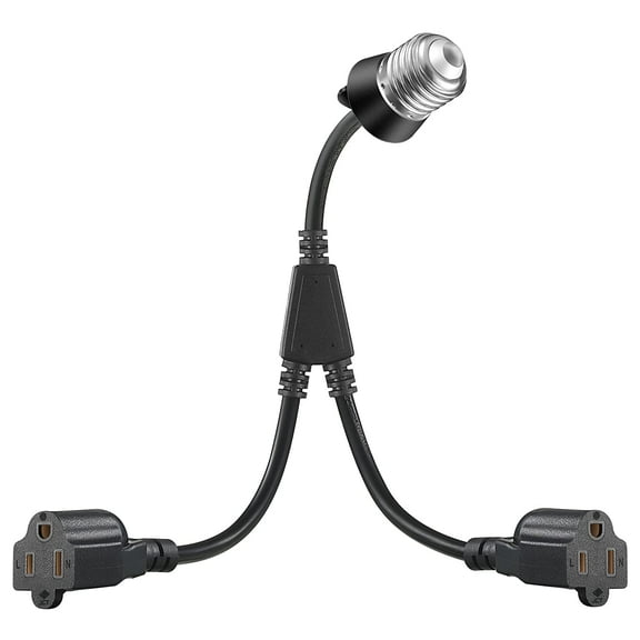 1 Pcs 2 in 1 Light Socket to Plug Adapter, Convert E26/E27 Bulb Socket to 2 Pieces 3 Prong Outlet with Extension Cord, Flexible Light Bulb Socket Converter Suitable for Porch Patio Garage Use (Black)
