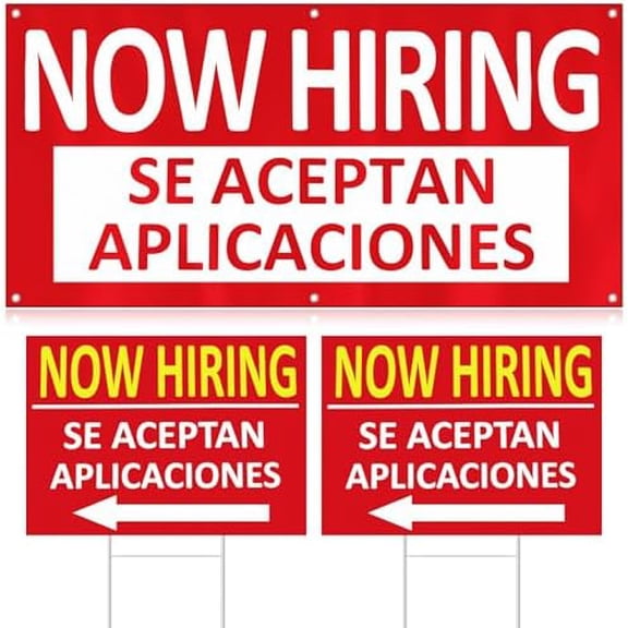 1 Pcs 2 x 4 ft Now Hiring Banner and 2 Pcs 18 x 24 Inch Now Hiring Yard Sign with Stakes Se Aceptan Aplicaciones English and Spanish Bilingual Signage Outdoor Indoor for Business and Stores$$Other