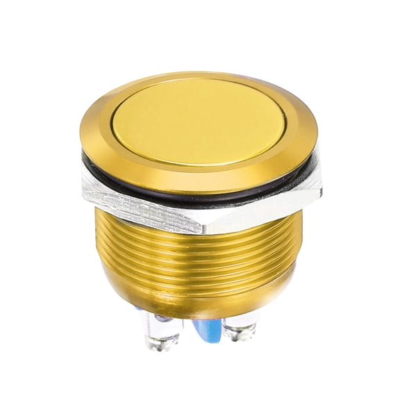 1 Pcs 22mm Push Button Switch, IP66 1NO 0-250V 5A Momentary Latching Push Button Starter Light on Off Switch Self-reset, Aluminum Alloy Flat Head Gold
