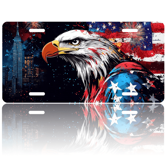1 Pcs 2D Flat License Plate Covers & Frames, American Eagle with Cityscape For Decorative Front, Waterproof For Decoration Aluminum License Plate Covers & Frames Cover For Men Women, 12" X 6"