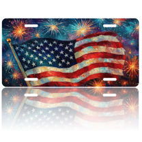 1 Pcs 2D Flat License Plate Covers & Frames, American Flag with Fireworks For Decorative Front, Waterproof For Decoration Aluminum License Plate Covers & Frames Cover For Men Women, 12" X 6"